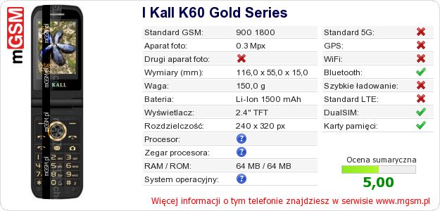 Dane telefonu I Kall K60 Gold Series