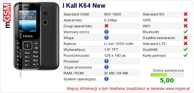 Dane telefonu I Kall K64 New Dane telefonu I Kall K64 New