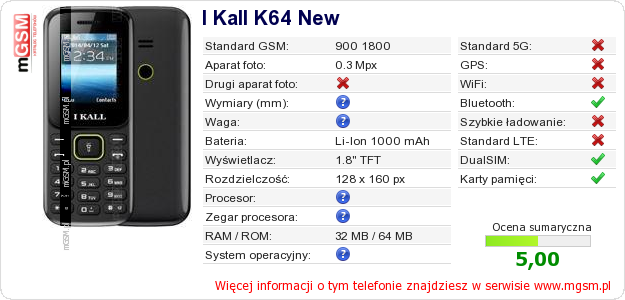 Dane telefonu I Kall K64 New