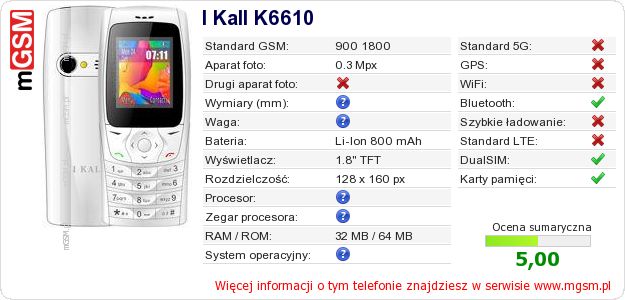 Dane telefonu I Kall K6610
