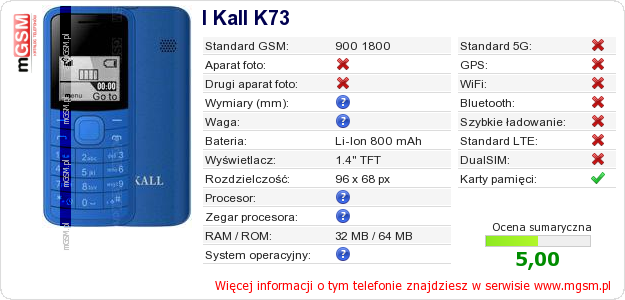 Dane telefonu I Kall K73