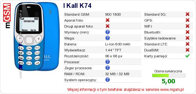 Dane telefonu I Kall K74