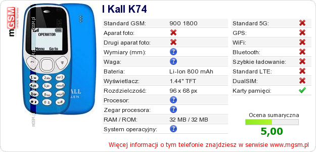Dane telefonu I Kall K74