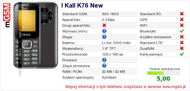 Dane telefonu I Kall K76 New
