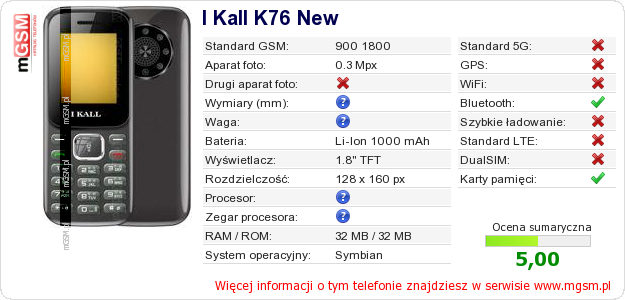 Dane telefonu I Kall K76 New