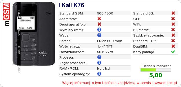 Dane telefonu I Kall K76