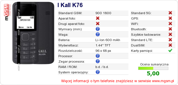 Dane telefonu I Kall K76 Dane telefonu I Kall K76