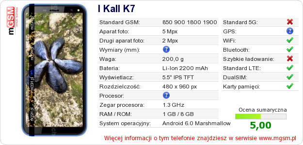 Dane telefonu I Kall K7