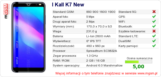 Dane telefonu I Kall K7 New
