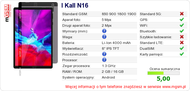 Dane telefonu I Kall N16