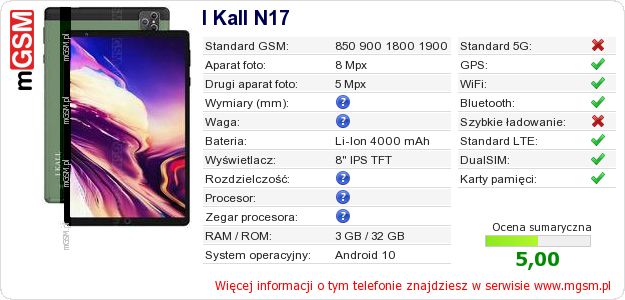 Dane telefonu I Kall N17 Dane telefonu I Kall N17