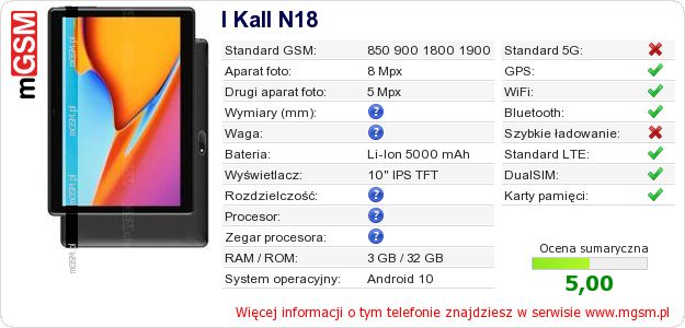 Dane telefonu I Kall N18