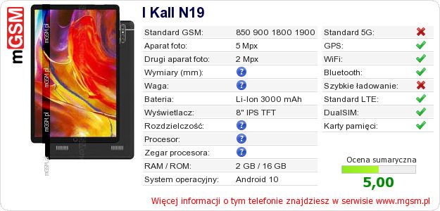Dane telefonu I Kall N19 Dane telefonu I Kall N19