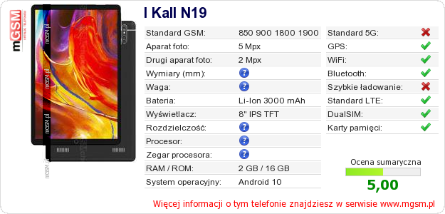 Dane telefonu I Kall N19