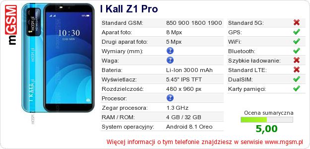 Dane telefonu I Kall Z1 Pro Dane telefonu I Kall Z1 Pro