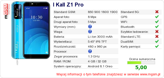Dane telefonu I Kall Z1 Pro
