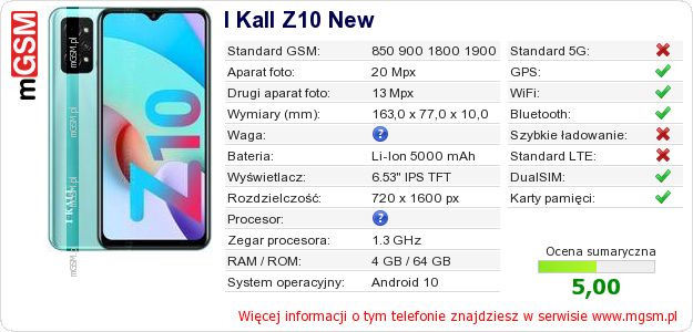 Dane telefonu I Kall Z10 New