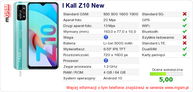 Dane telefonu I Kall Z10 New
