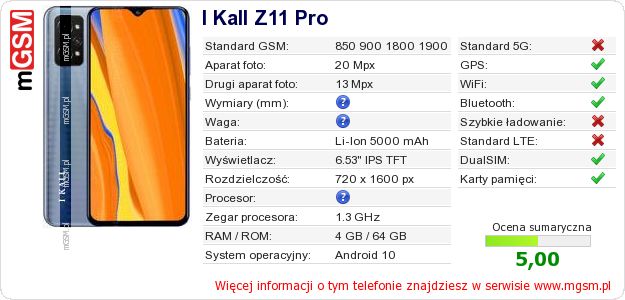 Dane telefonu I Kall Z11 Pro