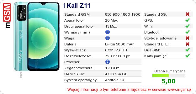 Dane telefonu I Kall Z11