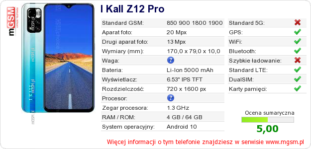 Dane telefonu I Kall Z12 Pro