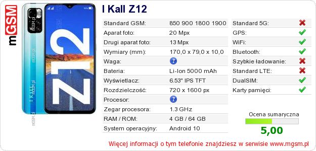 Dane telefonu I Kall Z12 Dane telefonu I Kall Z12