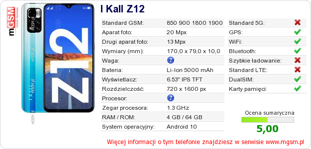 Dane telefonu I Kall Z12