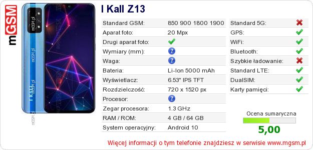 Dane telefonu I Kall Z13 Dane telefonu I Kall Z13