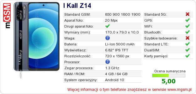 Dane telefonu I Kall Z14 Dane telefonu I Kall Z14
