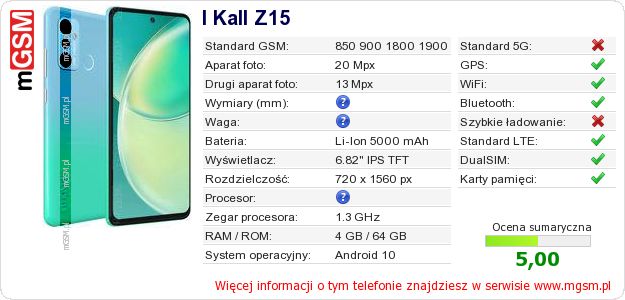 Dane telefonu I Kall Z15 Dane telefonu I Kall Z15
