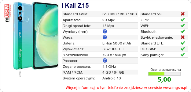 Dane telefonu I Kall Z15