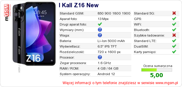 Dane telefonu I Kall Z16 New