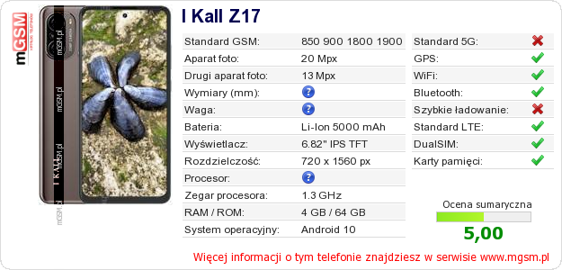 Dane telefonu I Kall Z17