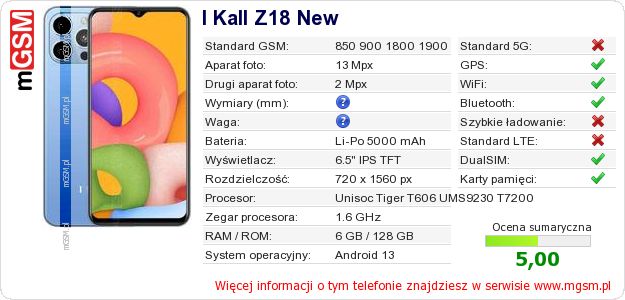Dane telefonu I Kall Z18 New Dane telefonu I Kall Z18 New