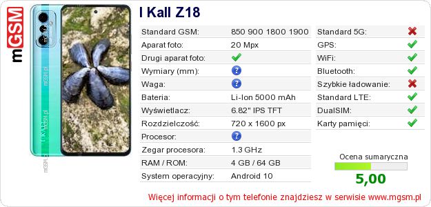 Dane telefonu I Kall Z18 Dane telefonu I Kall Z18