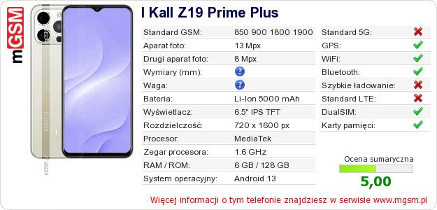 Dane telefonu I Kall Z19 Prime Plus Dane telefonu I Kall Z19 Prime Plus