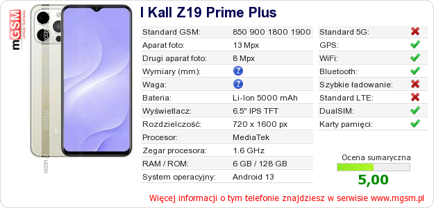 Dane telefonu I Kall Z19 Prime Plus Dane telefonu I Kall Z19 Prime Plus