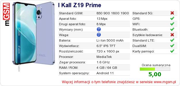 Dane telefonu I Kall Z19 Prime