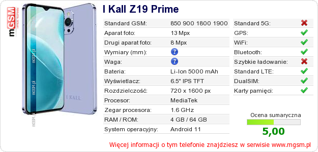 Dane telefonu I Kall Z19 Prime