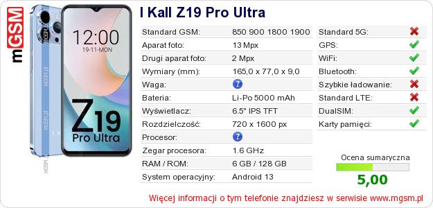 Dane telefonu I Kall Z19 Pro Ultra Dane telefonu I Kall Z19 Pro Ultra