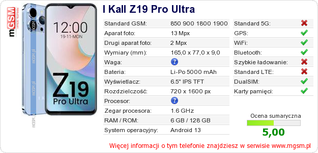 Dane telefonu I Kall Z19 Pro Ultra