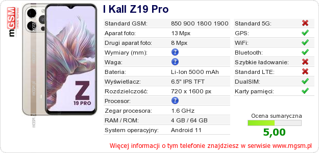 Dane telefonu I Kall Z19 Pro