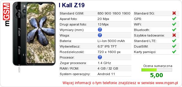 Dane telefonu I Kall Z19 Dane telefonu I Kall Z19