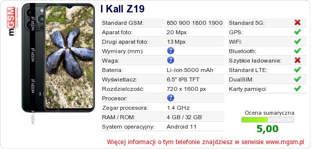 Dane telefonu I Kall Z19