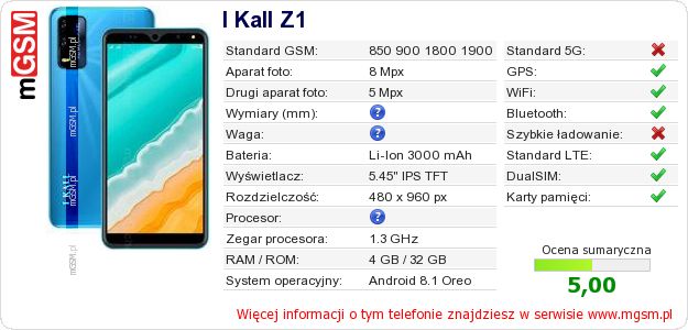 Dane telefonu I Kall Z1 Dane telefonu I Kall Z1
