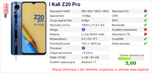 Dane telefonu I Kall Z20 Pro