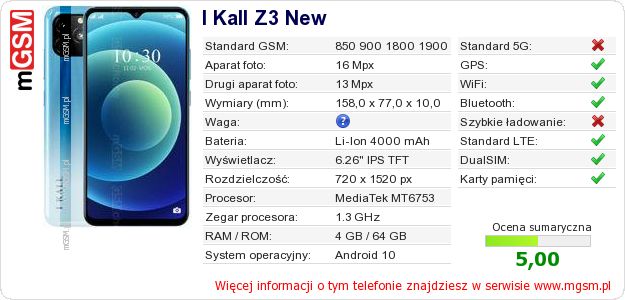 Dane telefonu I Kall Z3 New Dane telefonu I Kall Z3 New