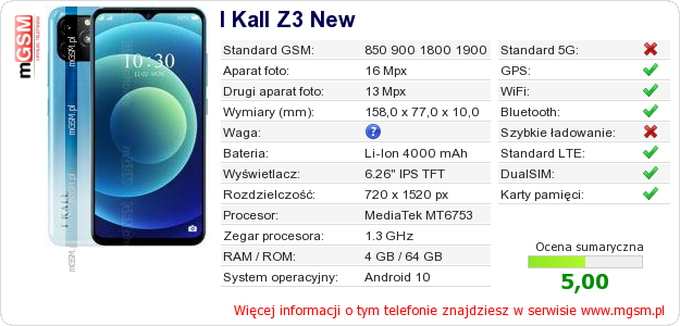 Dane telefonu I Kall Z3 New