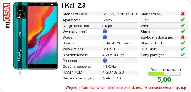Dane telefonu I Kall Z3 Dane telefonu I Kall Z3
