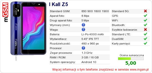 Dane telefonu I Kall Z5